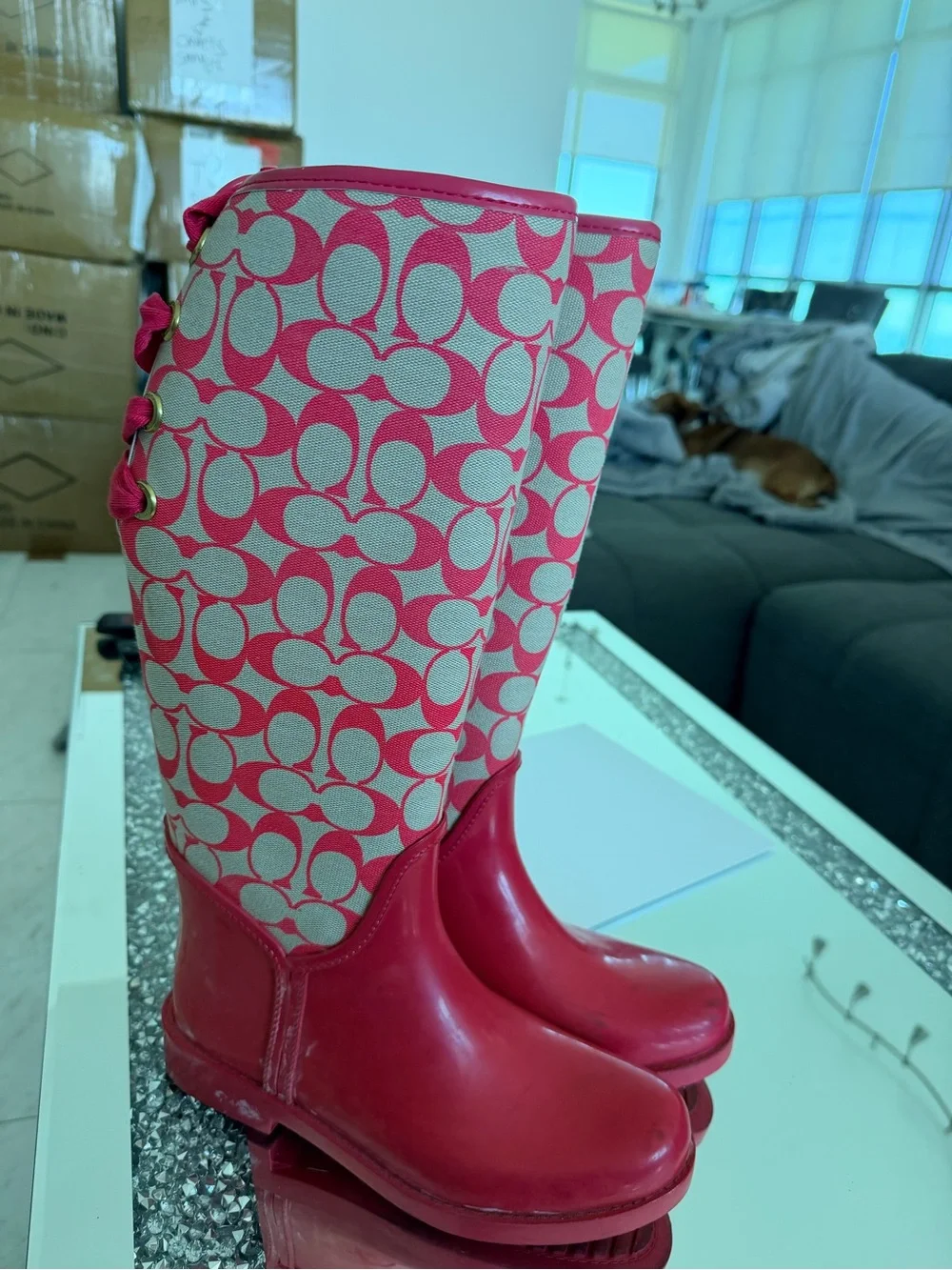 Coach Pink Signature Pattern Tall Rain Boots